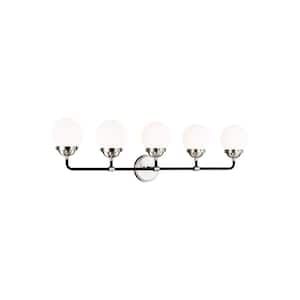 Cafe 38.25 in. W 5-Light Brushed Nickel Vanity Light with Etched/White Glass Shades and Matte Black Frame Accents
