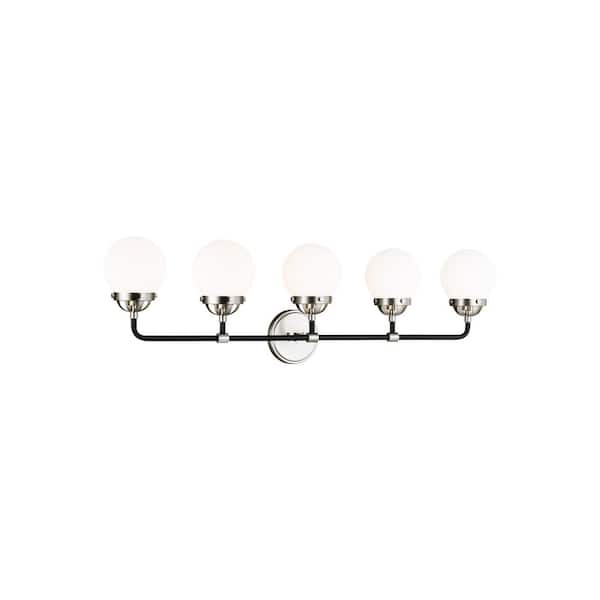 Generation Lighting Cafe 38.25 in. W 5-Light Brushed Nickel Vanity Light with Etched/White Glass Shades and Matte Black Frame Accents