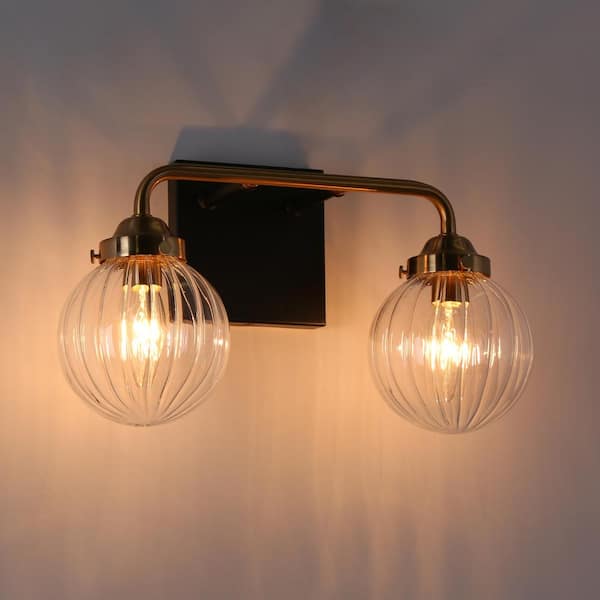 Zevni 14 in. Modern 2-Light Brass Gold Bathroom Vanity Light, Pumpkin-Shaped Clear Glass Bath Lighting Black Wall Sconce