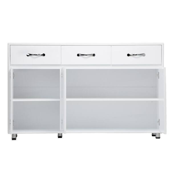 URTR Modern White China Side Table with 3-Doors Storage Cabinet