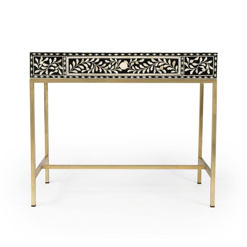 Black Bone Inlay Writing Desk with Drawer, 36"