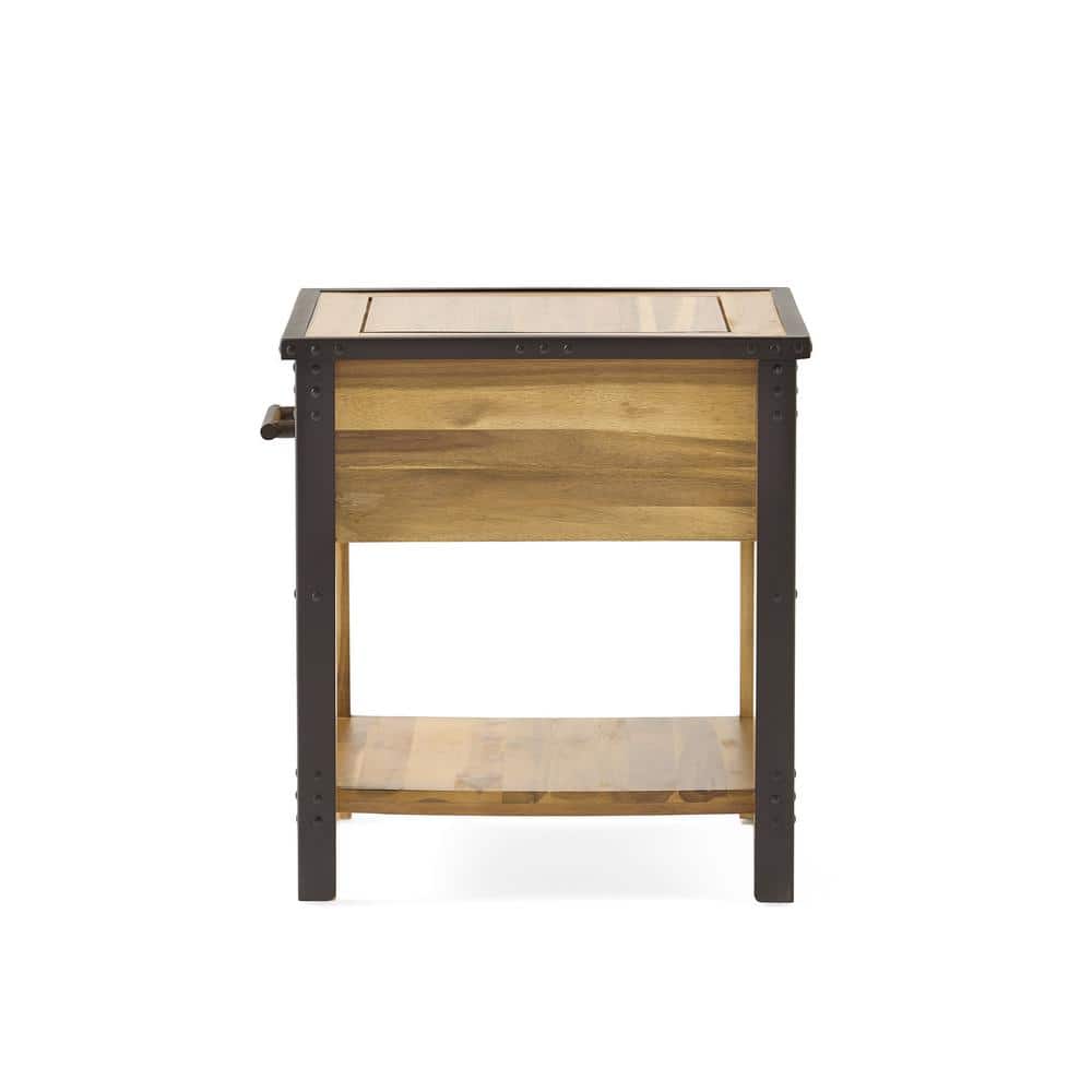Luna Natural Stained Brown Acacia Wood End Table with Metal Frame