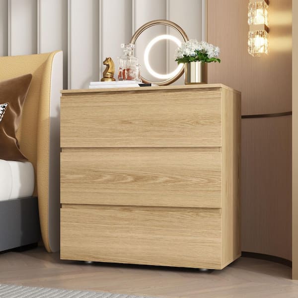 FUFU&GAGA 3-Drawer Natural Brown Wood 30 in. W Chest of Drawers Bedside Table Storage Dresser Freestanding Cabinet