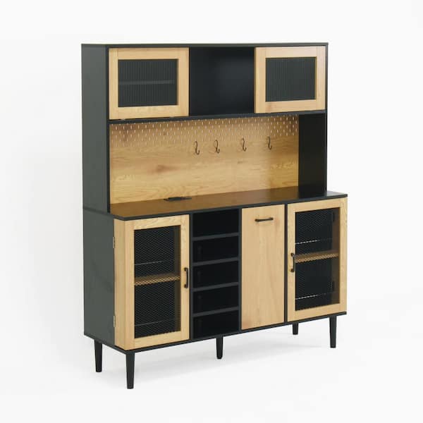 15.74 in. W x 47.2 in. D x 59.1 in. H in Black Wood Kitchen Pantry Cabinet with Wine Rack