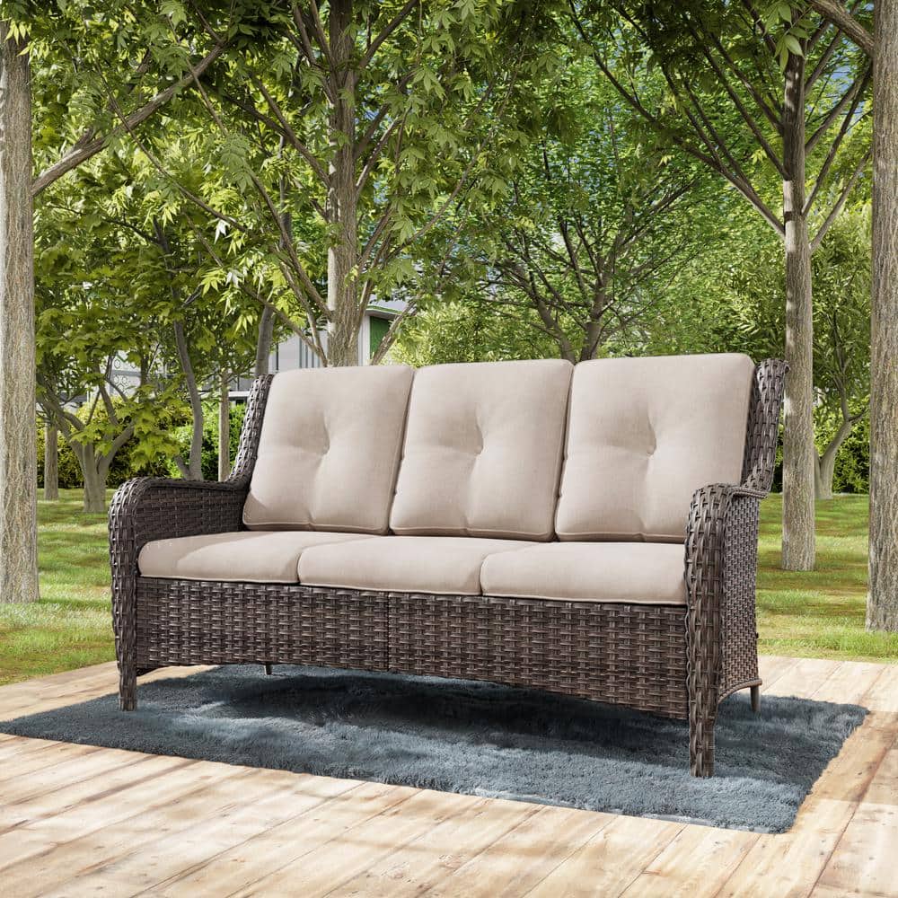 3 Seat Wicker Outdoor Patio Sofa Sectional Couch with Beige Cushions