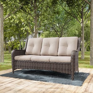 3-Seat Wicker Outdoor Patio Sofa Sectional Couch with Beige Cushions