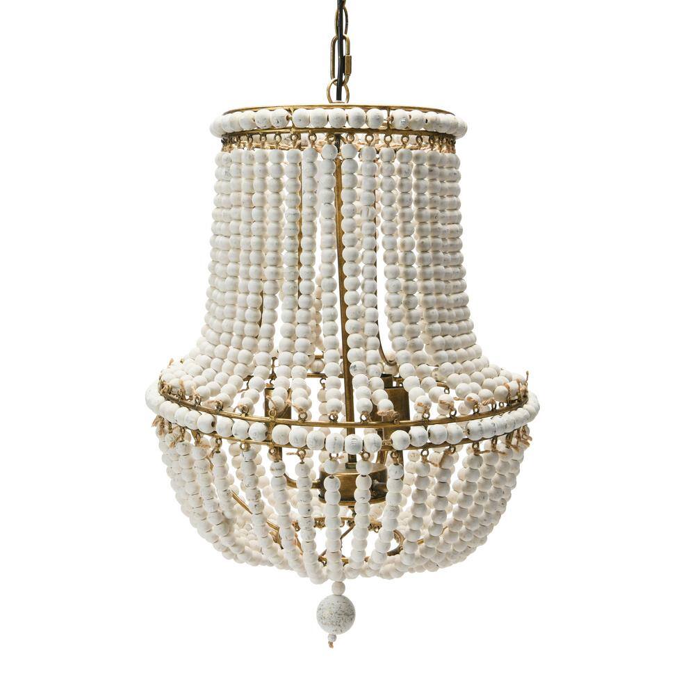 Off-White Draped Wood Bead Chandelier with Iron Frame