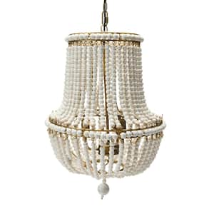 3-Light White and Gold Draped Chandelier with Wood Bead Shade