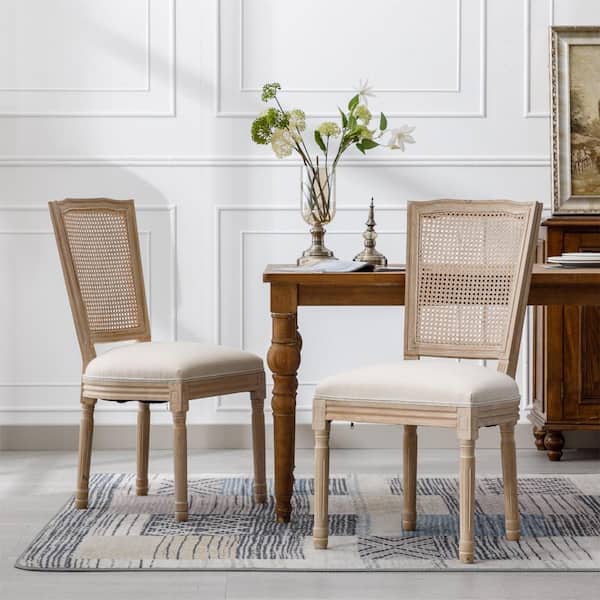 Boyel Living Cream French Style Solid Wood Frame Linen Fabric Square Rattan Back Dining Chair Set of 2