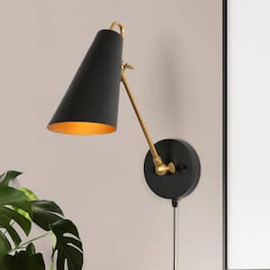 Plug-In or Hardwired DIY Wall Sconce, 1-Light Modern Black Wall Sconce Lighting, Farmhouse Gold Swing Arm Wall Lamp