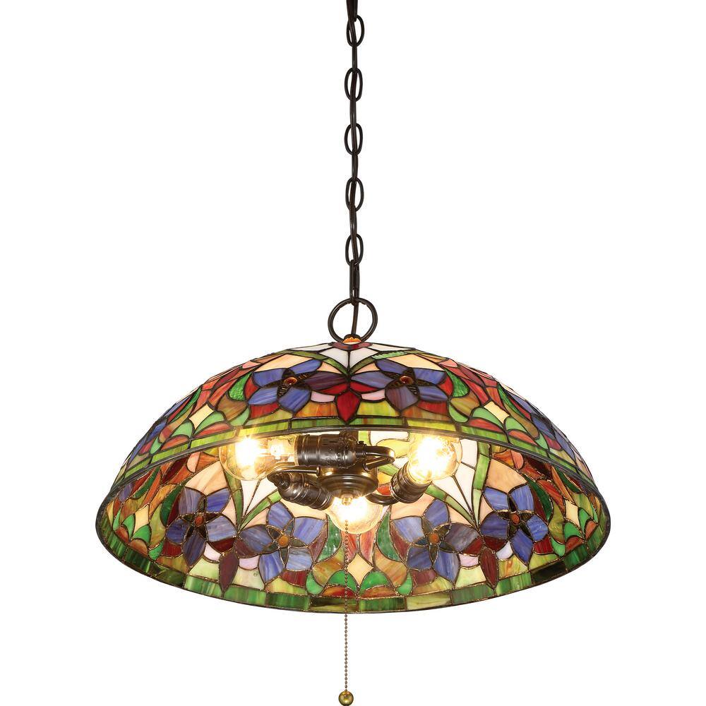 Violets 20" Multicolor Tiffany Glass Vintage Bronze Pendant Light