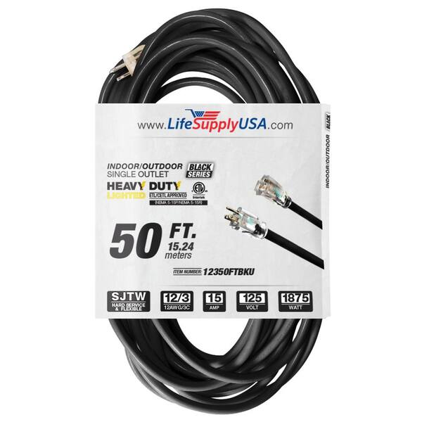 LifeSupplyUSA 50 ft. 12-Gauge/3 Conductors SJTW Indoor/Outdoor Extension Cord with Lighted End Black (1-Pack)
