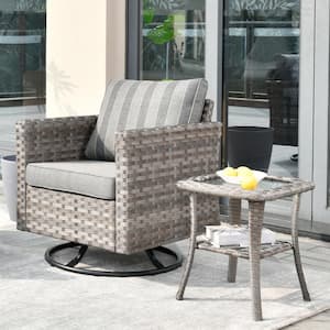 Tahoe Grey Swivel Rocking Wicker Outdoor Patio Lounge Chair with a Side Table and Striped Grey Cushions