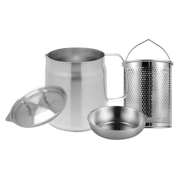 2L Stainless Steel Stock Pot in Silver with Basket for Deep Frying and Oil Straining for Kitchen or Camping