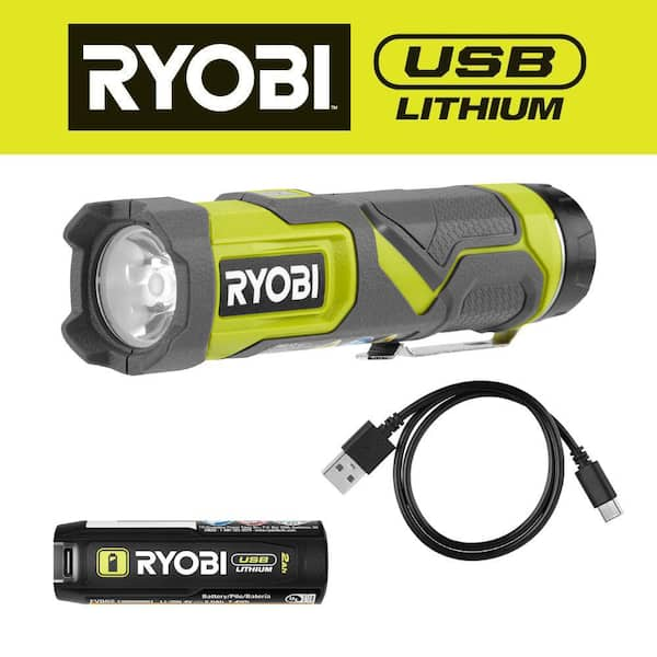 RYOBI USB Lithium Cordless Compact LED 3-Mode Flashlight Kit with 