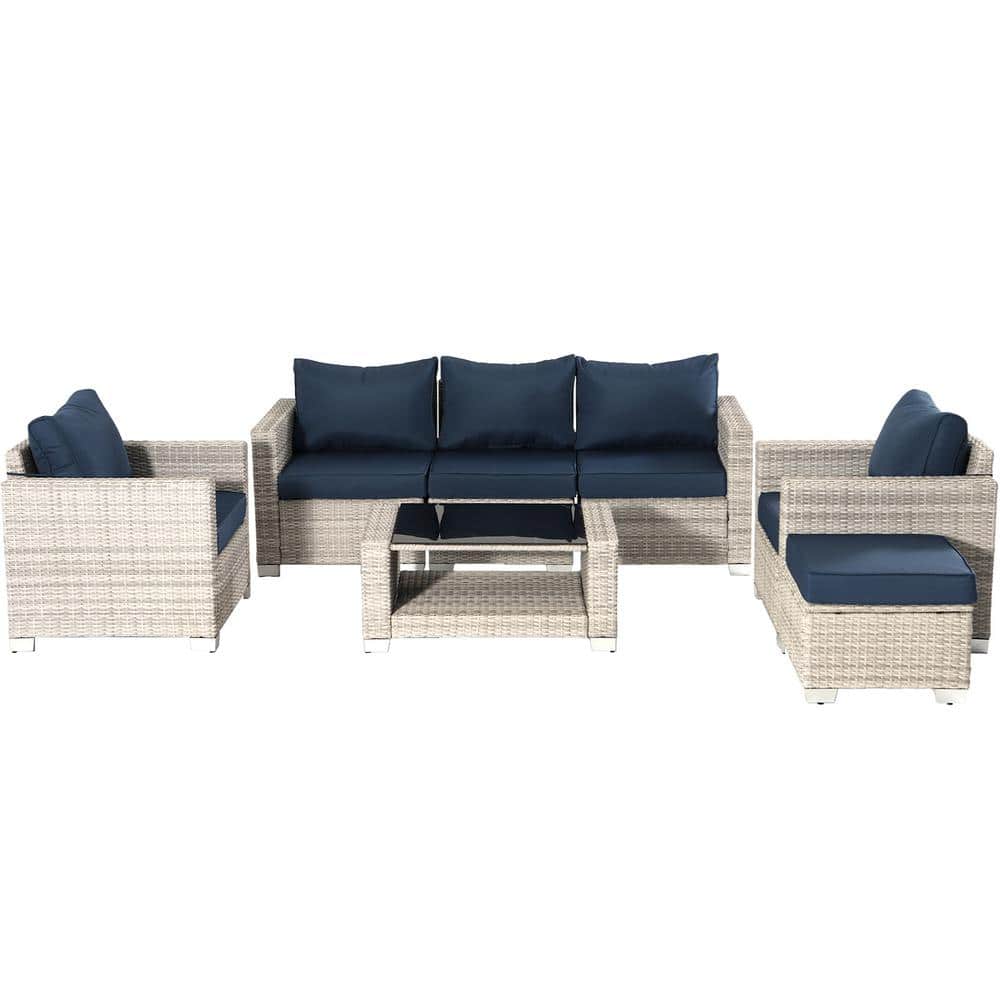 7-Pieces Outdoor Wicker Sofa Set, Patio Furniture sofa set, with Dark Blue Cushions price history on PriceWatchPro
