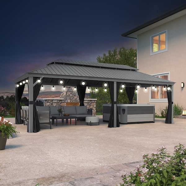PURPLE LEAF 12 ft.x 24-ft.Light Gray Patio Outdoor Gazebo for Backyard Hardtop Aluminum Frame, Hooks, Curtain, Netting and 24-Lights