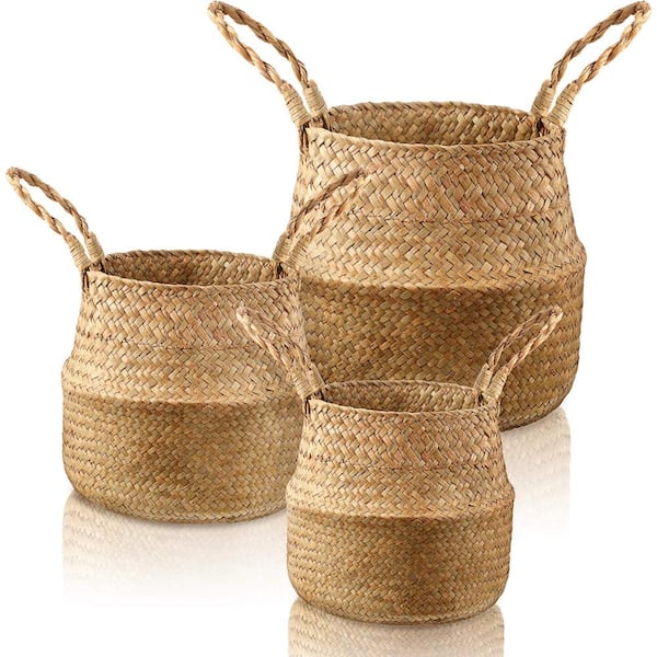 Set of 3 Natural Seagrass Belly Baskets Woven Plant Pot Holders with Handles 8.66 to Varying Diameters