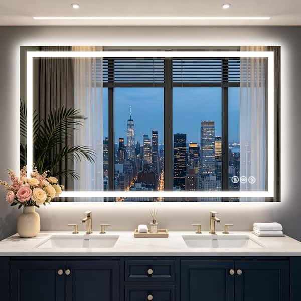 36 in. W x 60 in. H Rectangular Frameless LED Light Anti-Fog Wall Mirror Bathroom Vanity Mirror Adjustable Bright