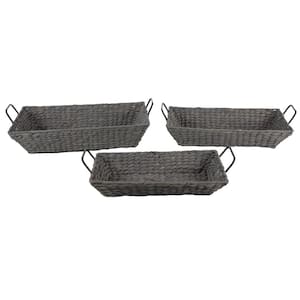 Nesting Rectangular Gray Seagrass Basket Trays with Black Metal Handles (Set of 3)