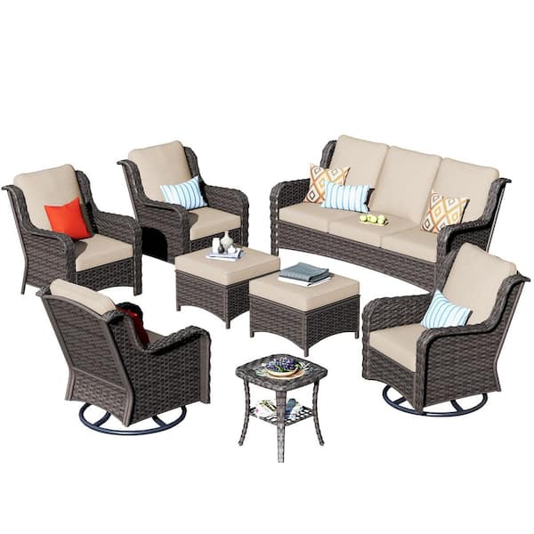 Oreille Brown 8-Piece Wicker Outdoor Patio Conversation Sofa Set with Swivel Rocking Chairs and Beige Cushions