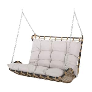 Hurlbut 2-Person Light Brown Wicker Porch Swing with Beige Cushions