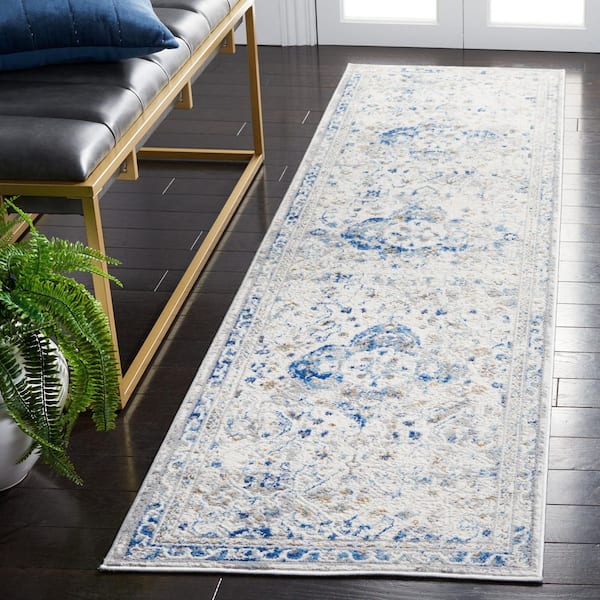 Shivan 2 ft. x 8 ft. Ivory/Blue Distressed Border Medallion Runner Rug