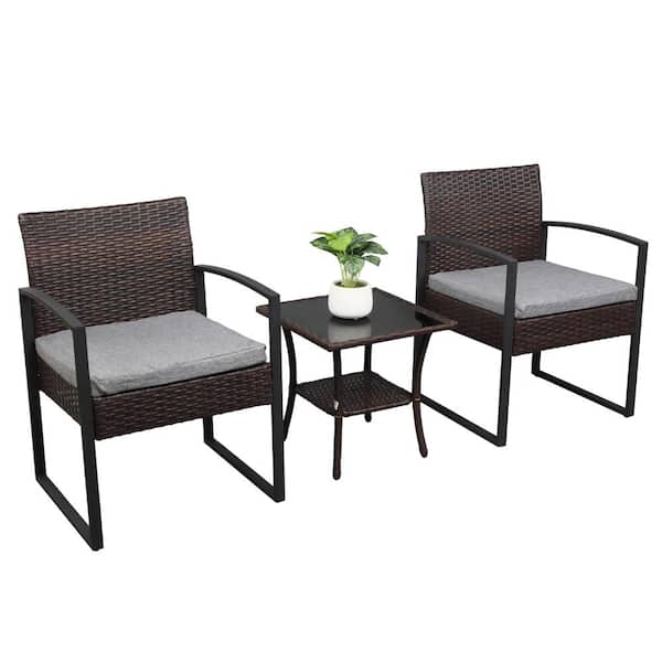 VINGLI Brown 3-Piece Wicker Outdoor Bistro Set with Grey Cushions Balcony Furniture Patio Furniture Set with Coffee Table