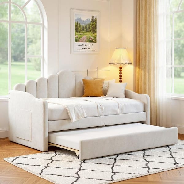 YDYKSF 81.3 in. Twin Size Velvet Daybed with Trundle, USB Charging Ports, and Storage Pockets in Pearl Beige