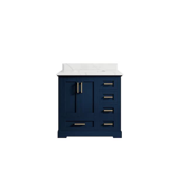 Willow Collections Boston 36 in. W x 22 in. D x 36 in. H Single Sink Bath Vanity Center in Navy Blue with 1.5" Calacatta Quartz Top