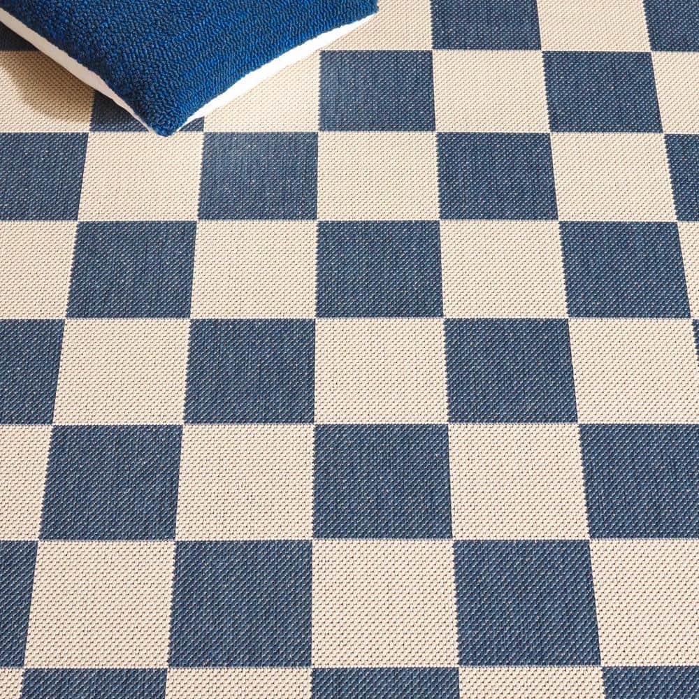 Blue and Beige Checkered Indoor/Outdoor Area Rug 4' x 5'7"