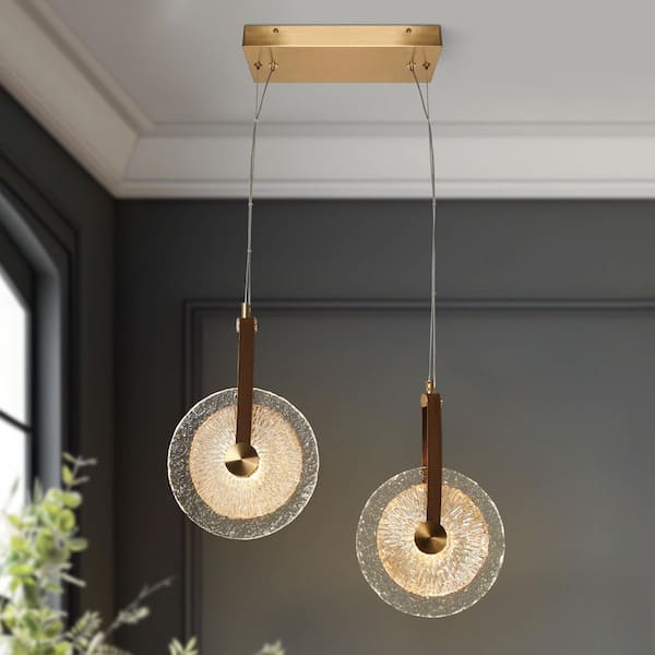 LNC Irma 2-Light Integrated LED Plating Brass Chandelier with Clear and Brown Handmade Ripple Glass