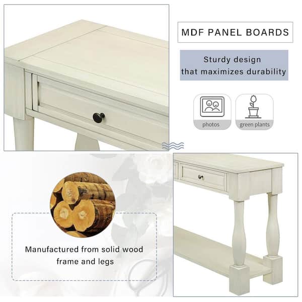 63 in. Antique White Rectangle Wood Console Table with Drawers and Shelf for Entryway, Hallway, Living Room