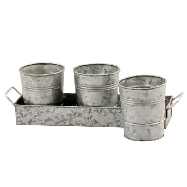 Benzara Gray Galvanized Metal Floor Picnic Caddy with Tray (Set of 3