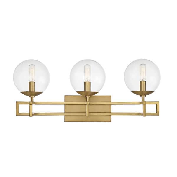 Savoy House Crosby 24 in. W x 10.5 in. H 3-Light Warm Brass Bathroom Vanity Light with Clear Glass Orb Shades