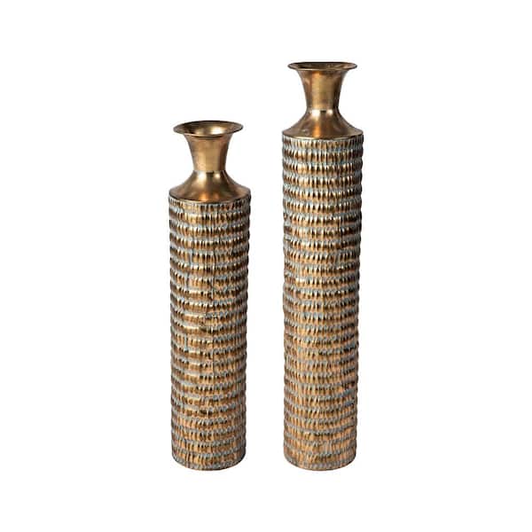 Glitzhome 38.75 in. H / 32.50 in. H Round Metal Gold Embossed Floor Vases with Verdigris Finish (Set of 2）