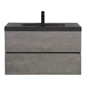 35.43 in. W Wall Mounted Bath Vanity in Gray with Black Quartz Sand Top