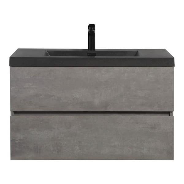 Boosicavelly 35.43 in. W Wall Mounted Bath Vanity in Gray with Black Quartz Sand Top