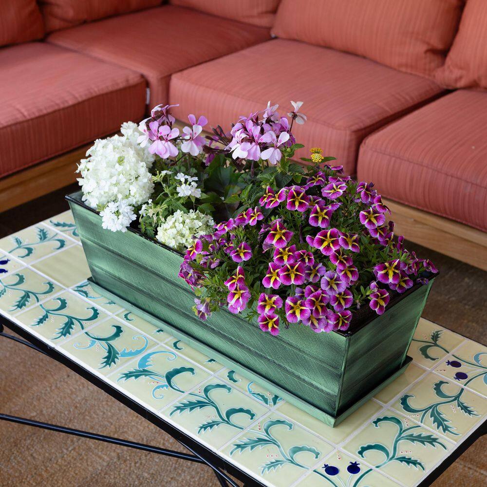 Medium Green Galvanized Steel Rectangular Flower Box Planter with Tray