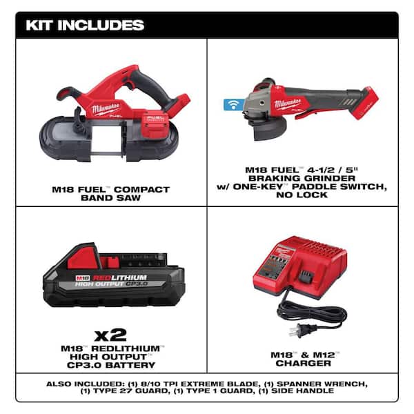 M18 FUEL 18V Lith-Ion Brushless Cordless Compact Bandsaw Kit w/ Two 3.0 Ah High Output Batteries & M18 Grinder