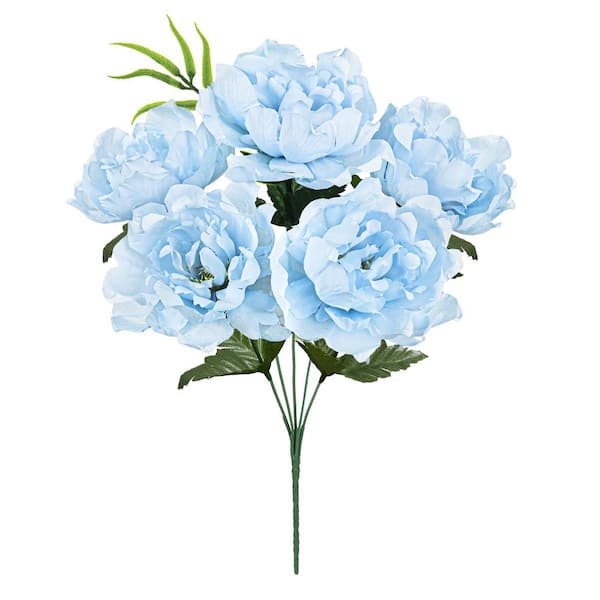LIVING LUXURY 14 in. Baby Blue Artificial Open Peony Flower Stem Bush Bouquet (Set of 12)