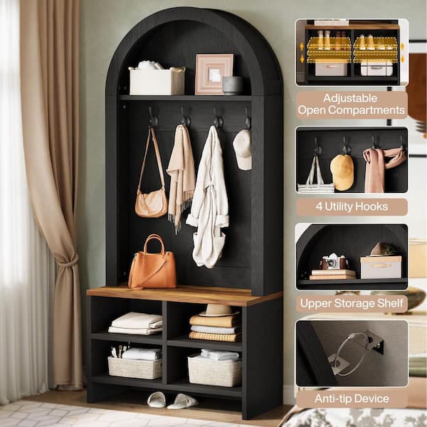 Carmalita Black 70.9 in. Tall Arched Hall Tree Coat Rack with Entryway Bench, Shoe Storage, 5 Hooks, Mudroom, Entryway