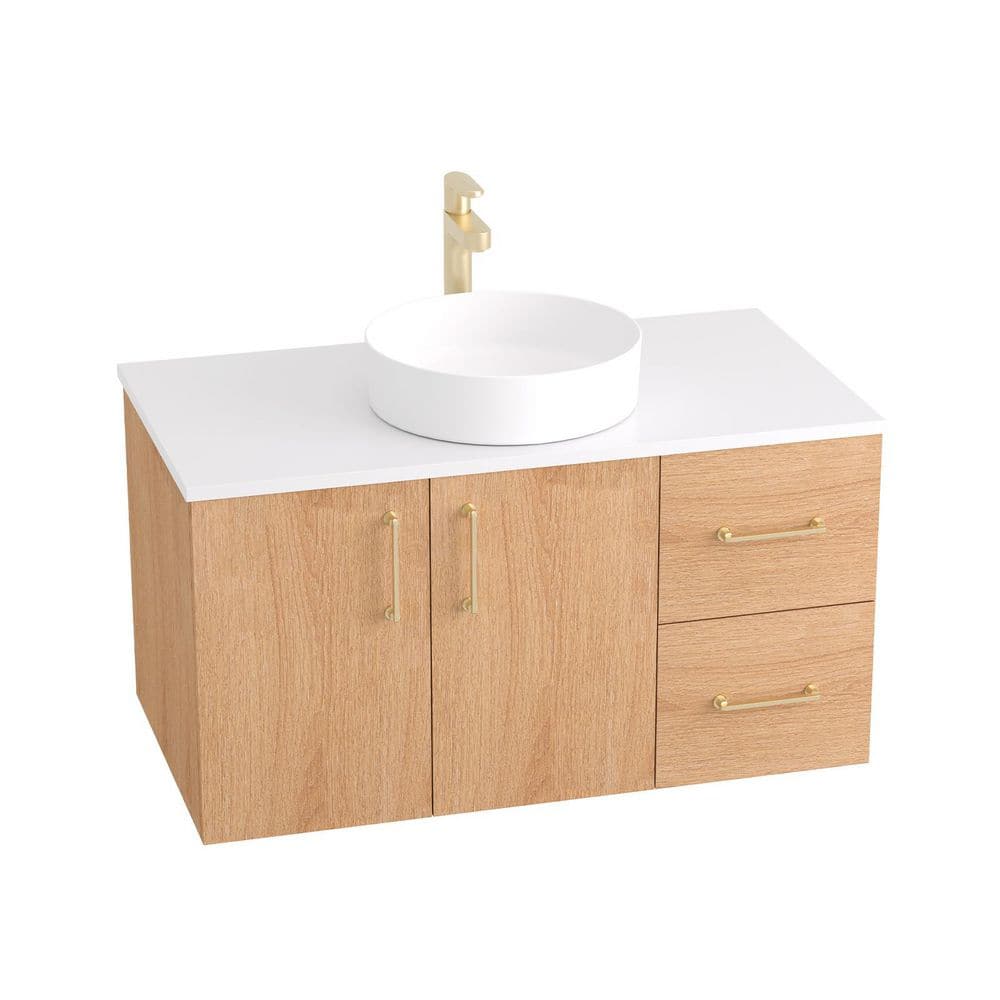 Luma 36 in. Single Vessel Round Sink Floating Golden Oak Bath Vanity with White Quartz Top price history on PriceWatchPro