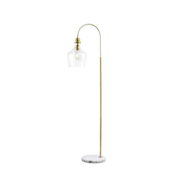 phyfalip 64.5 in. Gold Metal 1-Light Arc Floor Lamp with Clear Glass Bell Shade, 72 in. Cord, Marble Base and Light Bulb Included