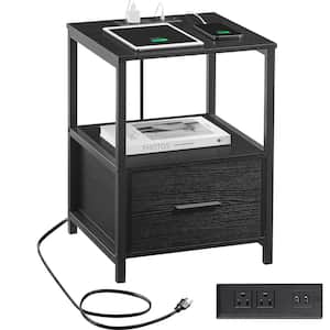 Nightstand with Charging Station End/Side Table with Storage Drawer, USB Portand Power Outlets, Night Stand, Black