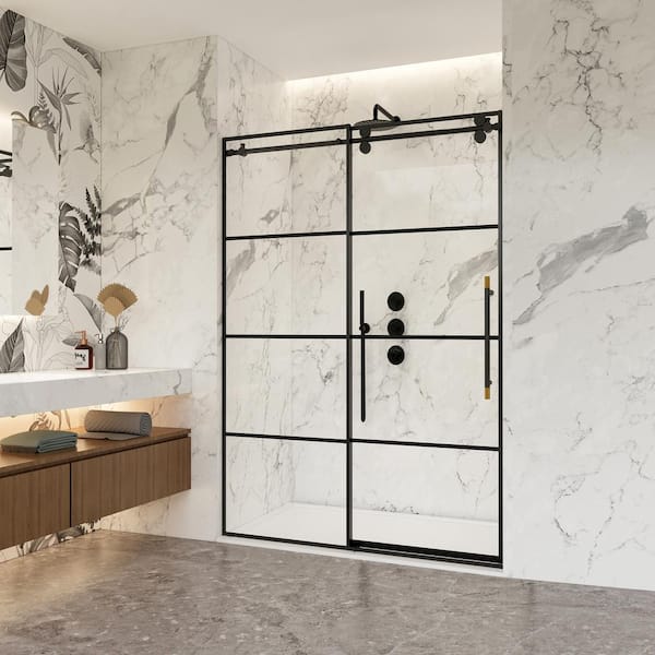 ROSWELL Losar 48 in. W x 78 in. H Single Sliding Frameless Shower Door in Matte Black with Clear Glass