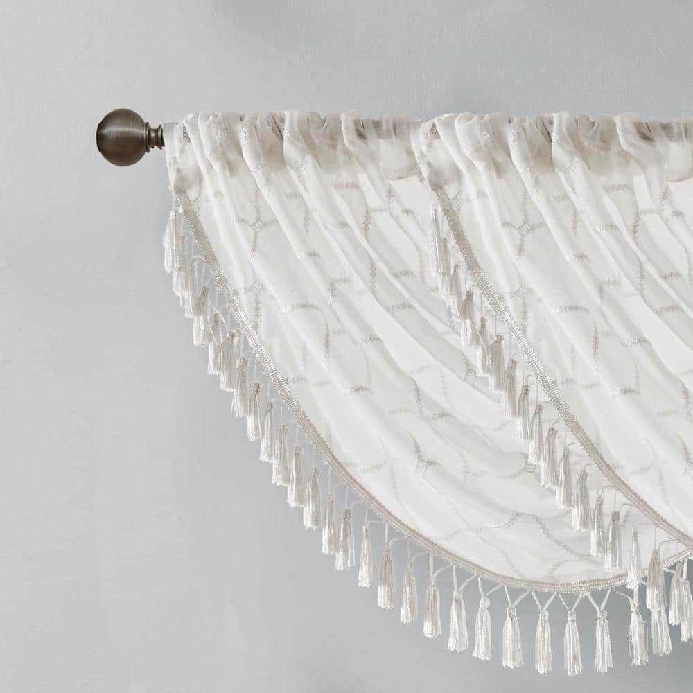 White Sheer Embroidered Waterfall Valance with Tassels