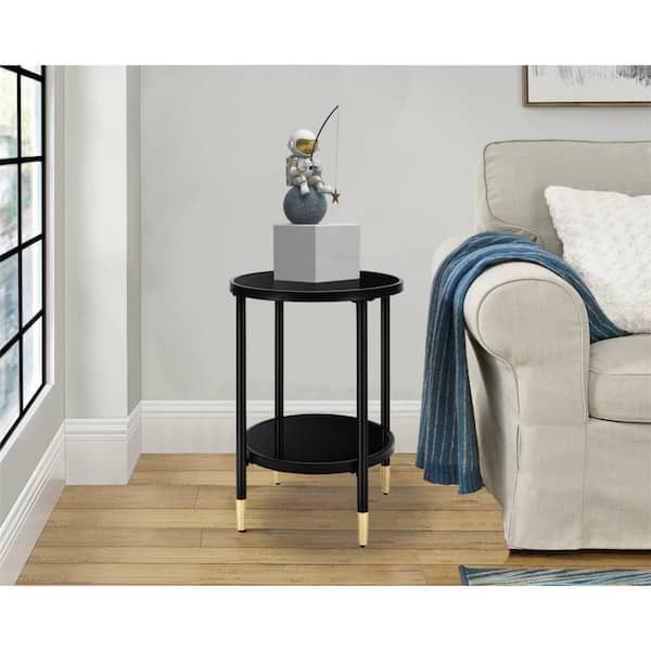 Black End Table Living Room Small Side Table with 2-Tier Storage