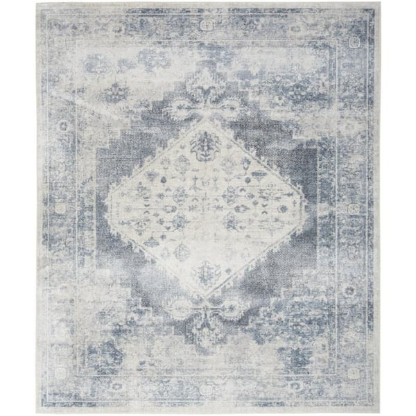 8 ft. x 10 ft. Blue, Ivory Floral Medallion Distressed Washable Area Rug