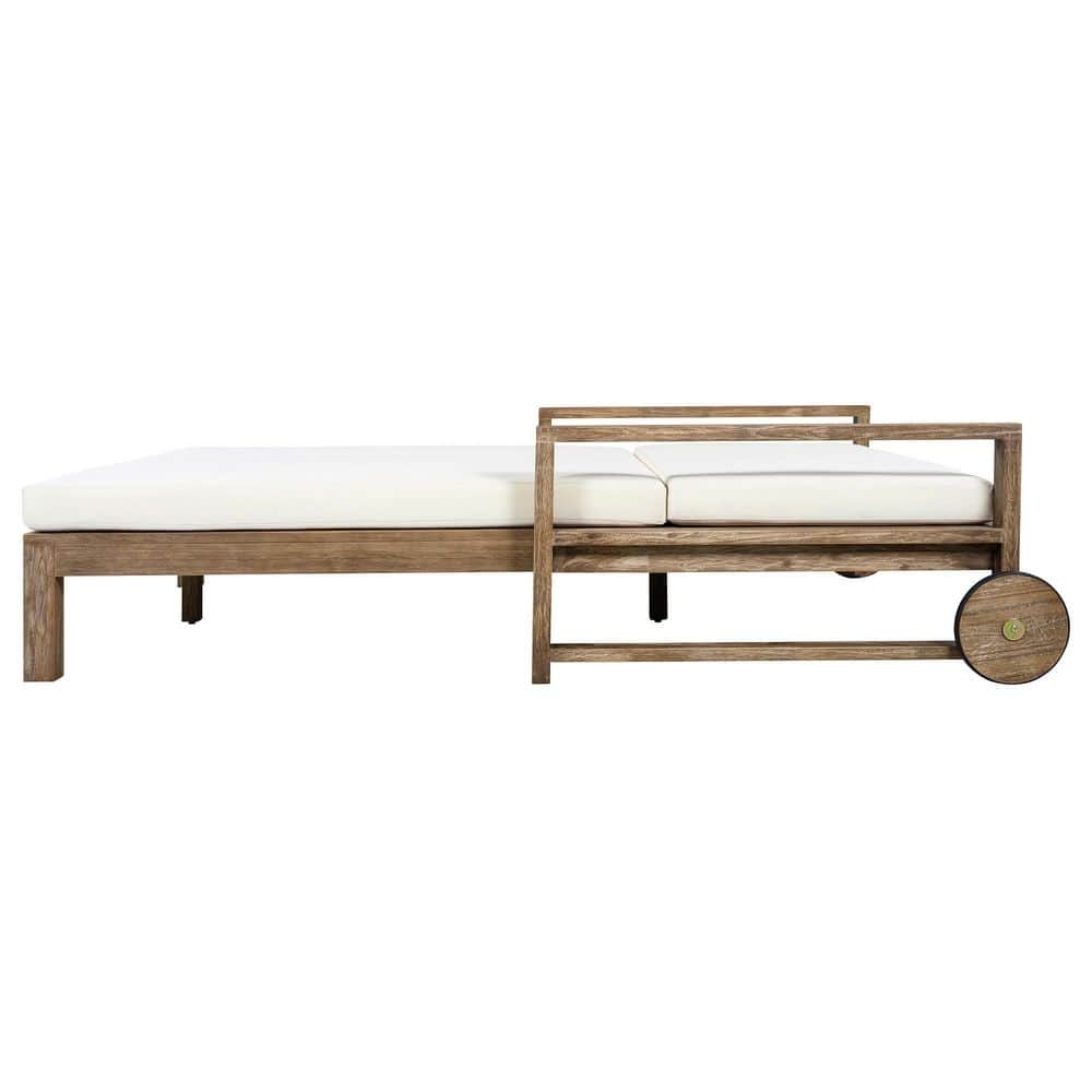 Wooden outdoor daybed view showing frame structure.